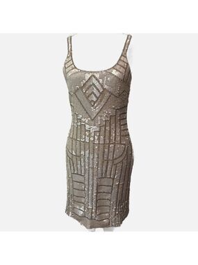 Adrienne Papell Sequin Midi Dress Sleeveless Lined 4 Tan Cocktail Party Wedding